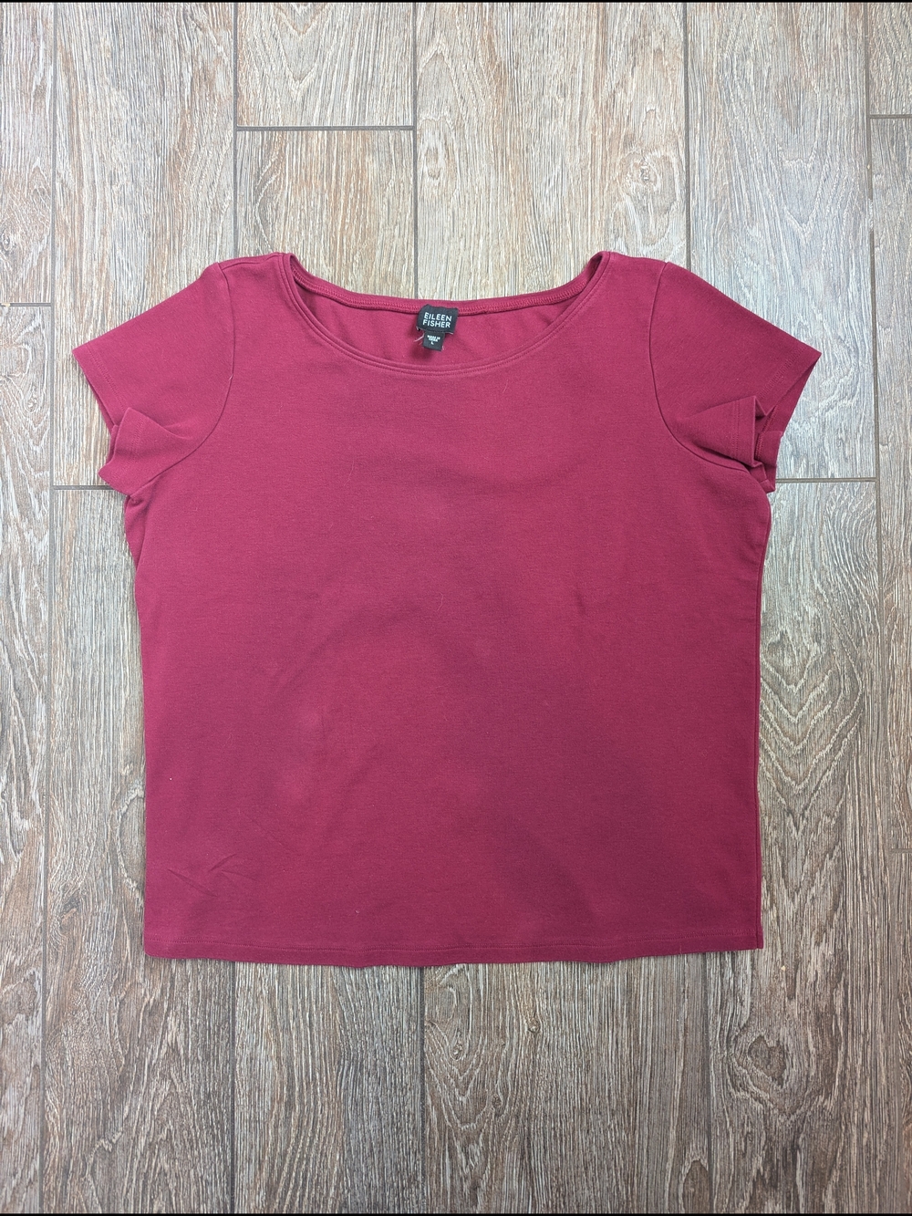 Eileen Fisher Scoop Round Neck Tee Shirt Burgandy Wine Size Large 100% Cotton